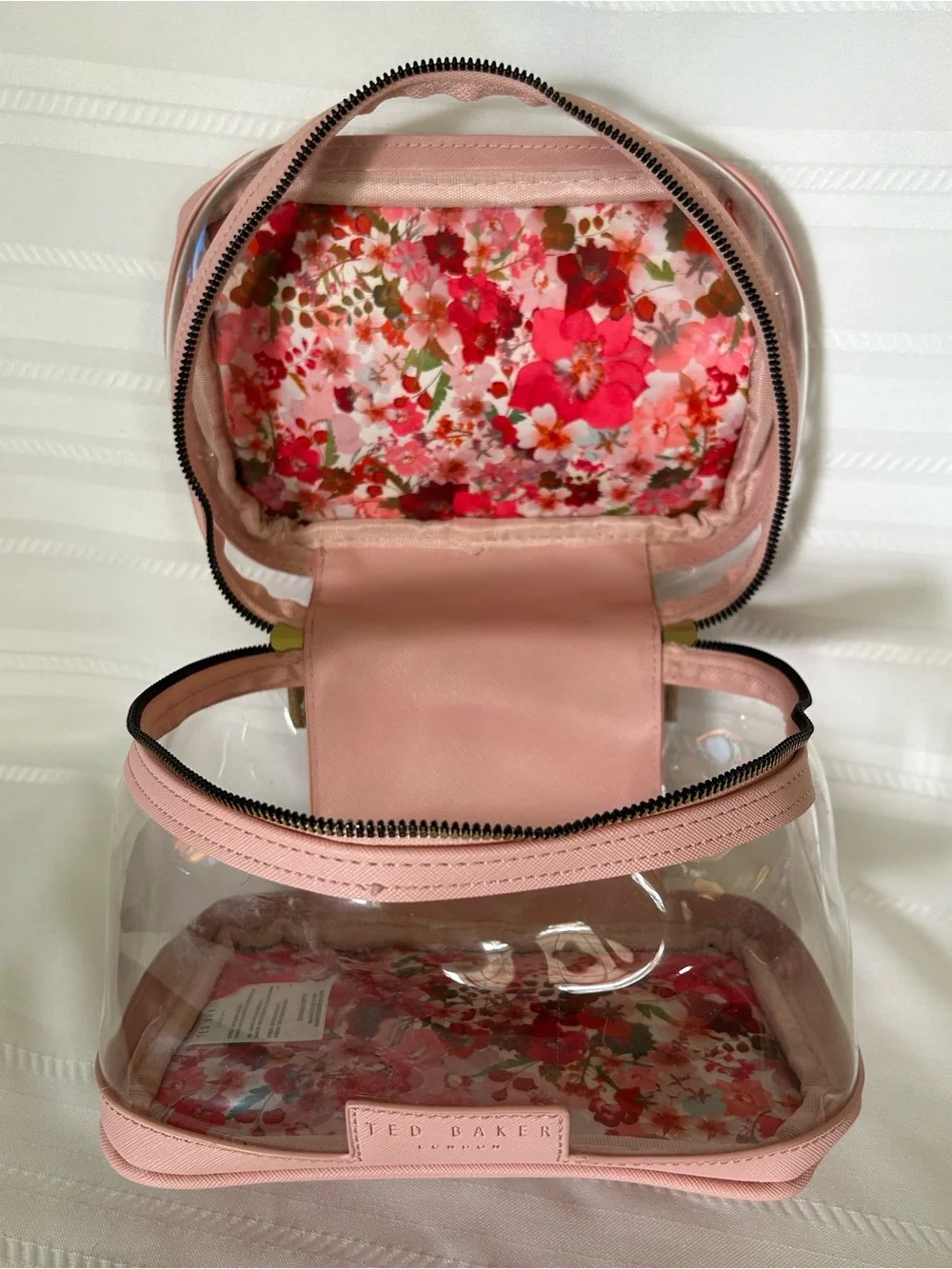 Ted Baker Cosmetic Bag Train Case Pink Clear Floral Travel Makeup Bag 4 Piece